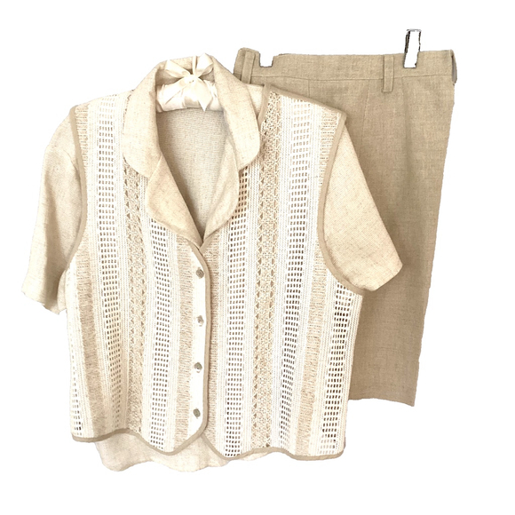 Fine Line NY Short Sleeve Cream Textural Cropped Button Up Blouse Size L - Picture 5 of 7